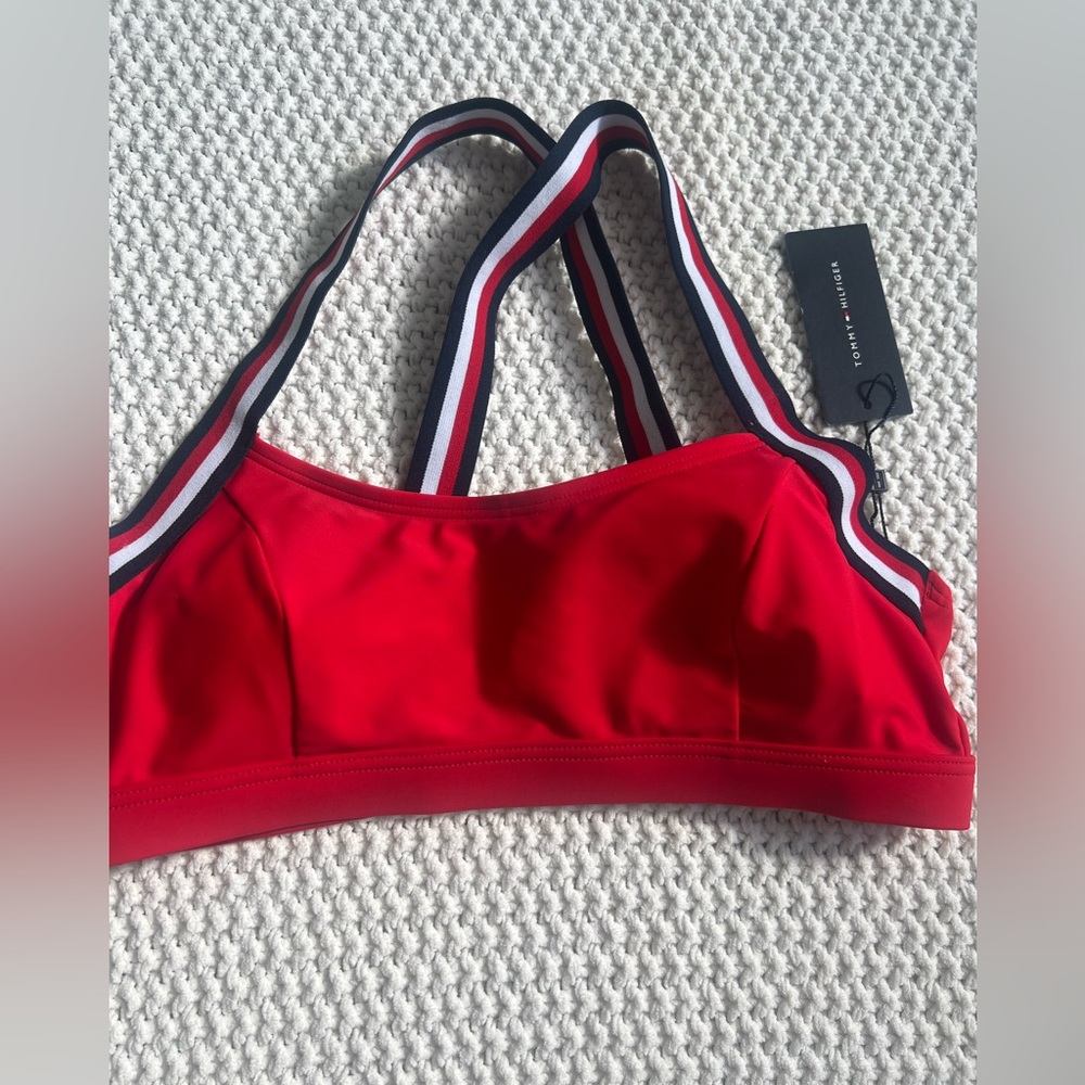 Athletic Swim Sport Bra with Striped Straps in Red